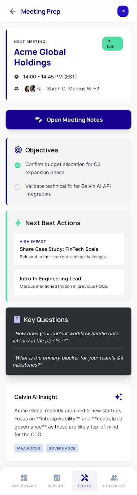 Meeting Prep — AI-generated objectives, next best actions, and key questions for account meetings
