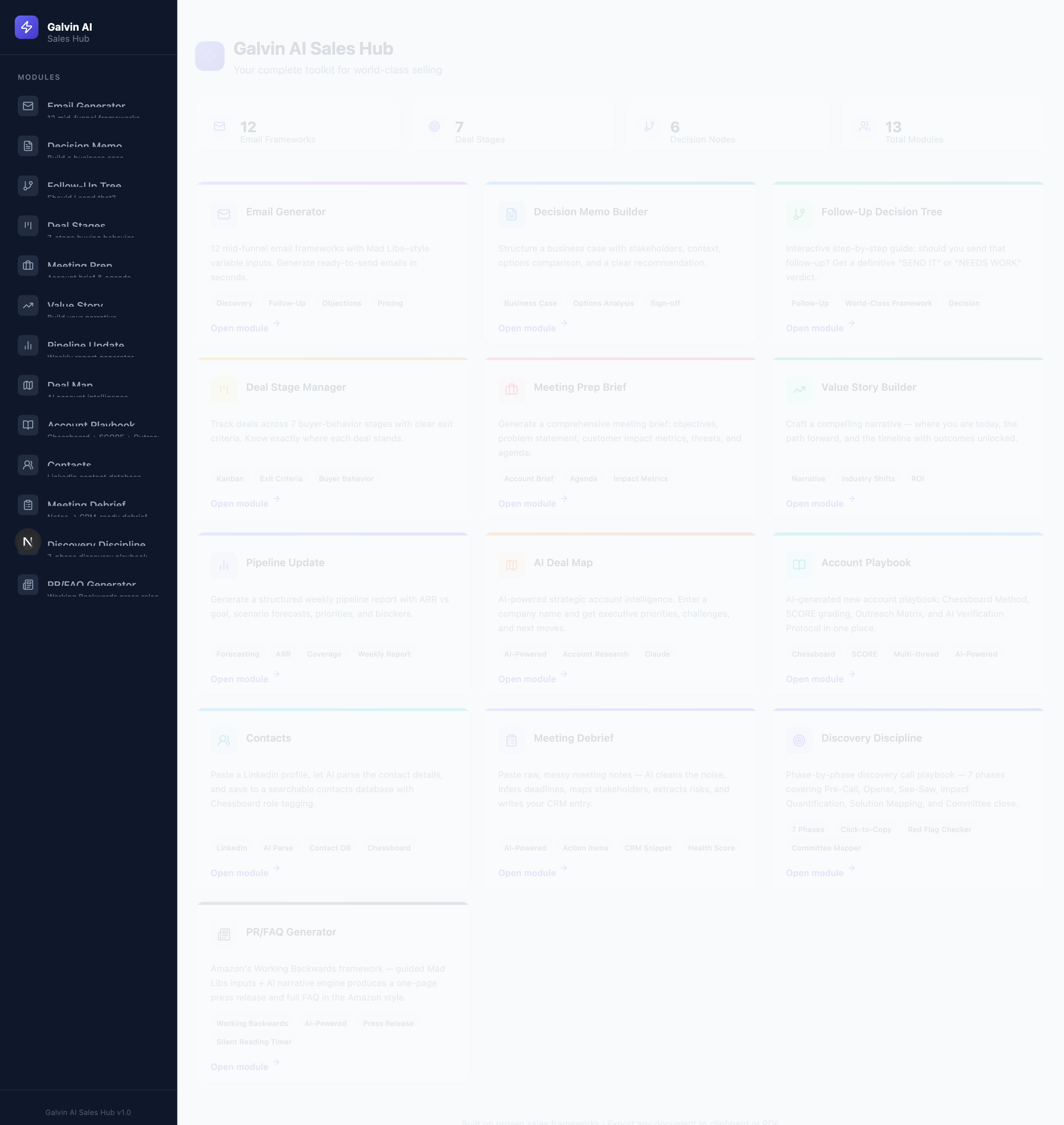 Galvin AI Sales Hub — all 13 AI-powered modules in one workspace