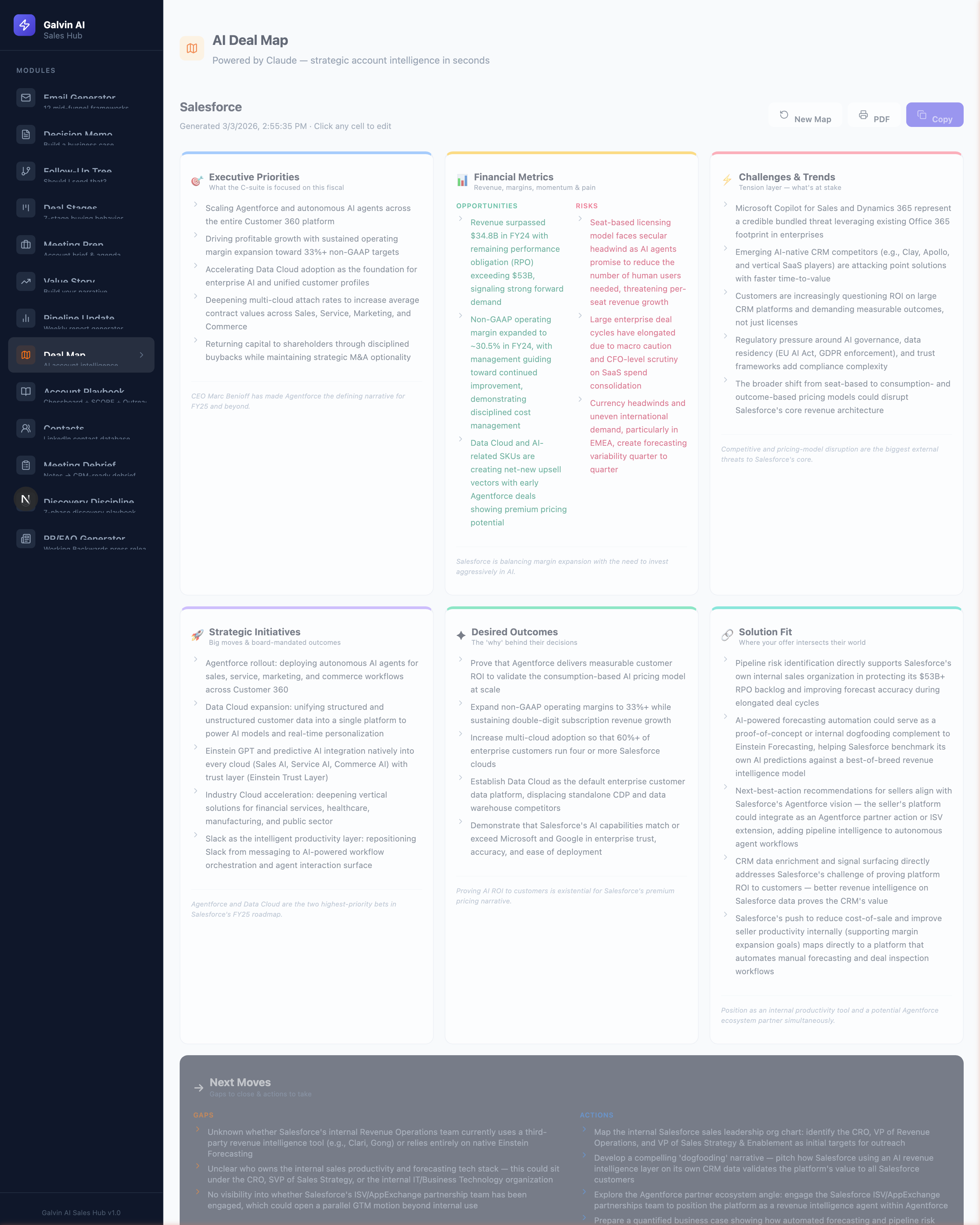 AI Deal Map — Strategic account intelligence with executive priorities, financial metrics, and solution fit analysis