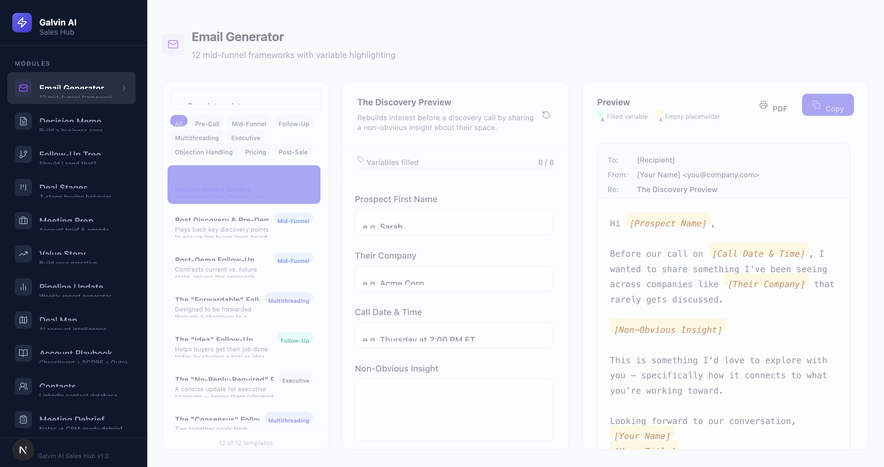 AI Email Generator with 12 mid-funnel frameworks and live preview
